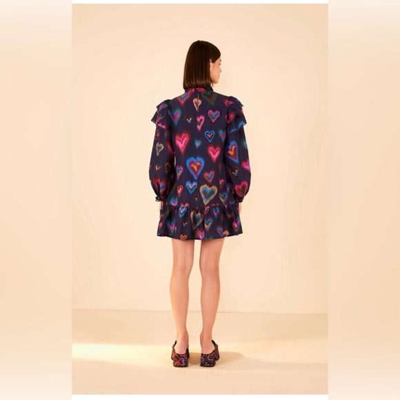 NWT Anthropologie FARM RIO Ruffled Mock Neck Navy Ikat Dyed Hearts Mini Dress XL - Picture 2 of 8